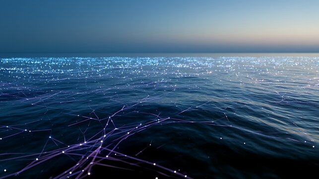 Peaceful ocean horizon with interconnected neon data streams, smart digital ecosystem over water, blockchain communication routes