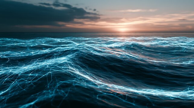 Tranquil sea with radiant digital wave network, intelligent ocean connectivity, glowing blue data lines, cloud infrastructure visualizatio
