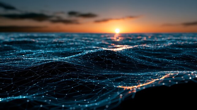 Tranquil sea with radiant digital wave network, intelligent ocean connectivity, glowing blue data lines, cloud infrastructure visualizatio