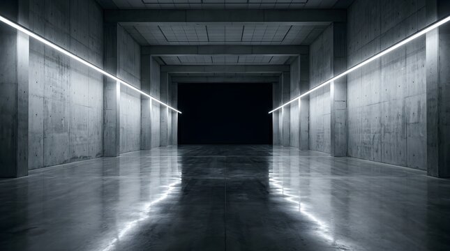 Empty industrial warehouse interior with concrete walls and reflective floor