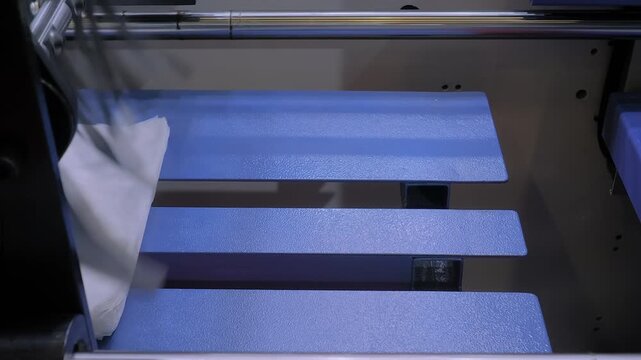 Automatic plastic bag making machine - production of packaging bags at exhibition, factory: close up side view. Manufacturing, recycling, industry and technology equipment concept