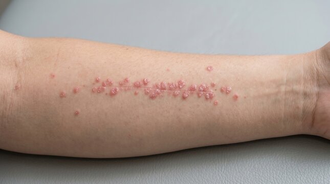 Linear skin rash papules and red scaly plaques on human forearm