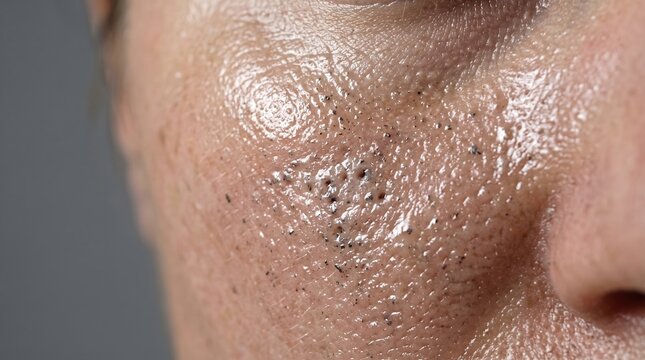 Extreme closeup of oily skin texture with blackheads and charcoal peeling mask residue