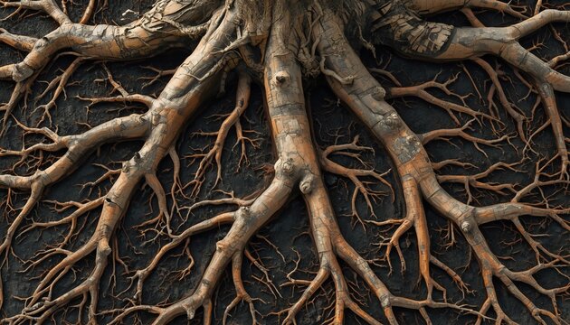 Tree root system aerial brown organic branching pattern texture background