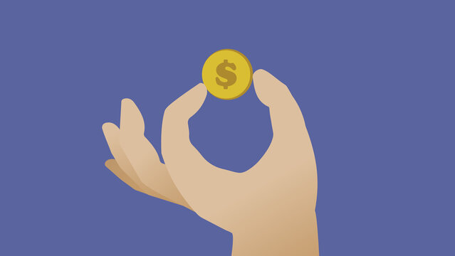 Hand holding gold dollar coin flat vector illustration