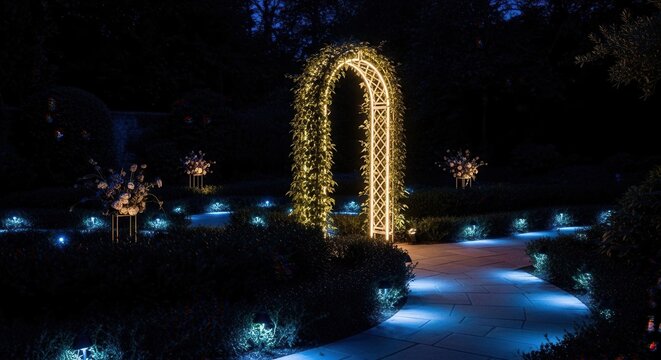 Illuminated Garden Archway Pathway At Night With Blue Uplighting