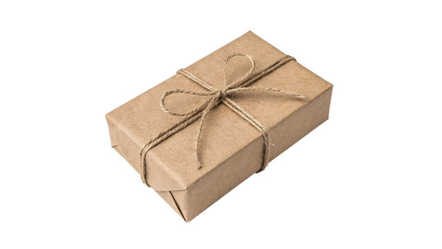 Rectangular brown craft paper gift box decorated with natural jute twine isolated on transparent background