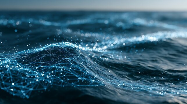 Crystal clear ocean surface featuring quantum communication network, luminous geometric data lines