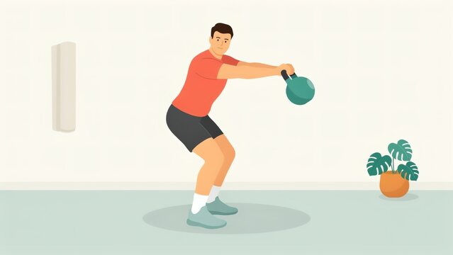 Man performing kettlebell swing exercise in a bright home gym setting