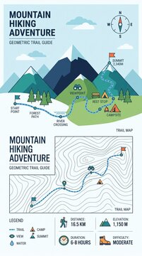 Infographic showing mountain hiking trail with icons for camping, viewpoints, and summits. Clean geometric style for outdoor exploration. Useful for travel guides or adventure blog posts.