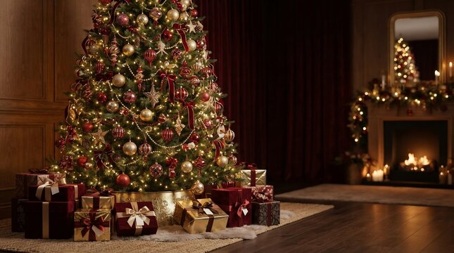 Decorated christmas tree with presents and fireplace