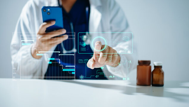 Medical professional using futuristic digital interface with data analytics, AI technology, and healthcare visualization, representing innovation