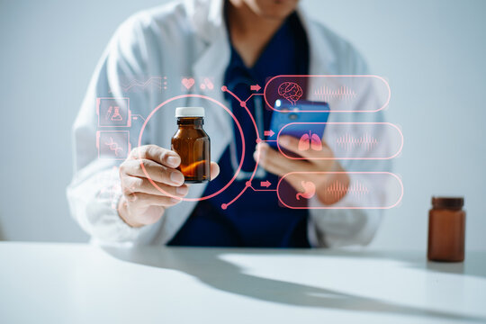 Doctor or scientist using a tablet with AI, science, and medical icons for research, diagnosis, and innovation in health technology.