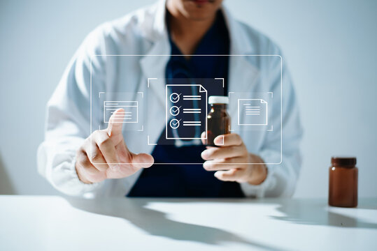 A healthcare professional interacts with digital medical records and prescriptions while holding a medicine bottle. Ideal for healthcare, pharmacy,