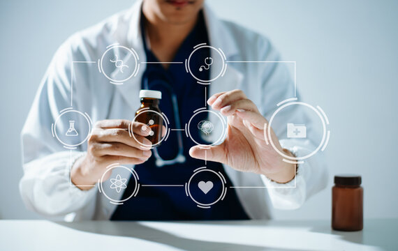 Doctor or scientist using a tablet with AI, science, and medical icons for research, diagnosis, and innovation in health technology.