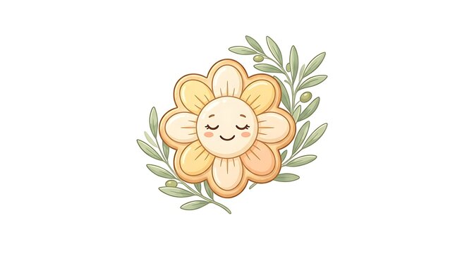 Cute cartoon flower character with a smiling face surrounded by delicate green leaves illustration.