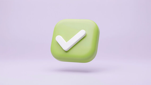 3D green check mark icon on soft purple background with confirmation, approval