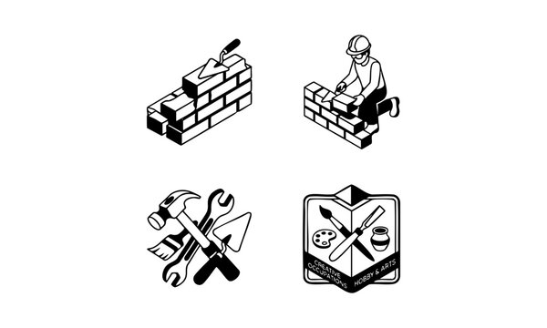Construction and manual labor tools flat vector icon set for building projects