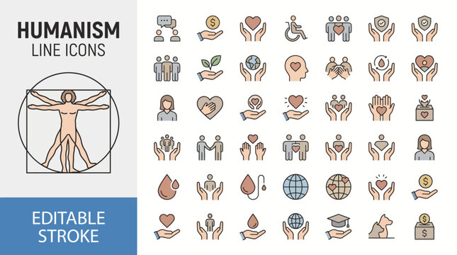 Humanism Icon Set. Compassion and equality related line icons. Vitruvian Man, heart, hands, community, support, education, unity, inclusivity and more. Editable stroke.