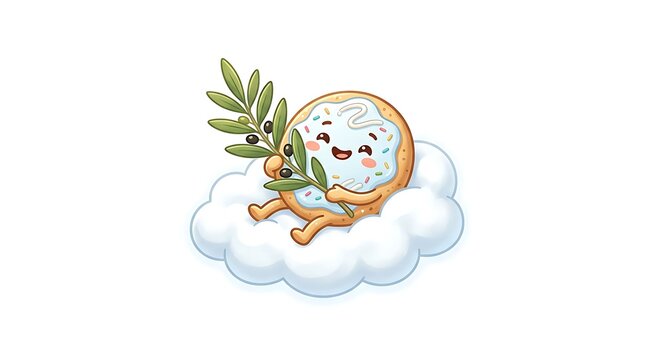 Cute cartoon cookie character sitting on a fluffy cloud holding an olive branch.