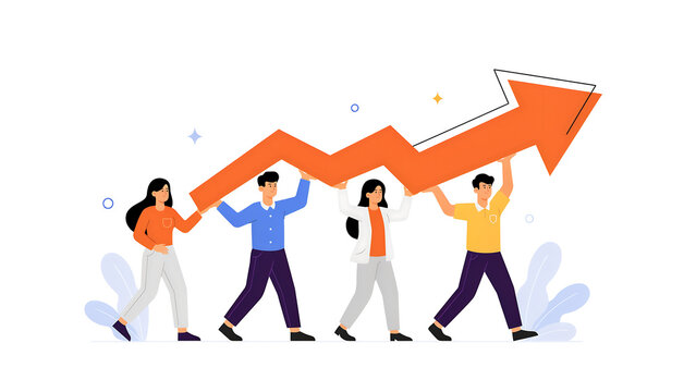 Diverse business team working together to lift a large orange growing success trend arrow with teamwork business collaboration progress strategy development achievement marketing corporate