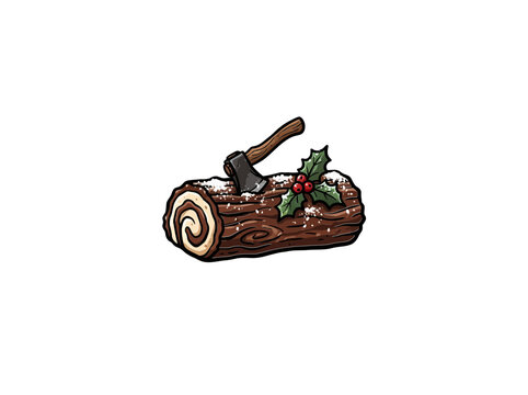 Christmas Rustic Yule Log Cake Adorned With Holly Leaves And An Axe, Dusted With Powdered Sugar On A Plain Background, Festive Dessert Vector Illustration
