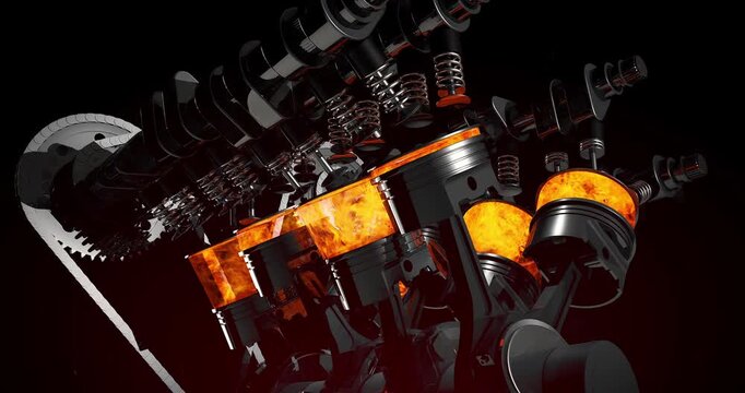 Generic V8 engine sports car driving fast on digital cyber road at night. Detailed 3D render of active V8 engine animation.