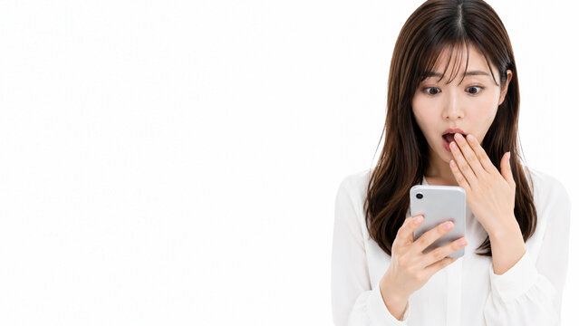 Shocked Japanese Woman with Smartphone and Large Left Copy Space