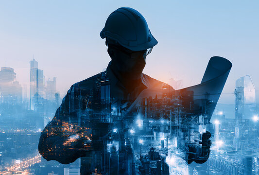 Construction engineer is holding a plan in double exposure above a blue city and construction site. Generative AI