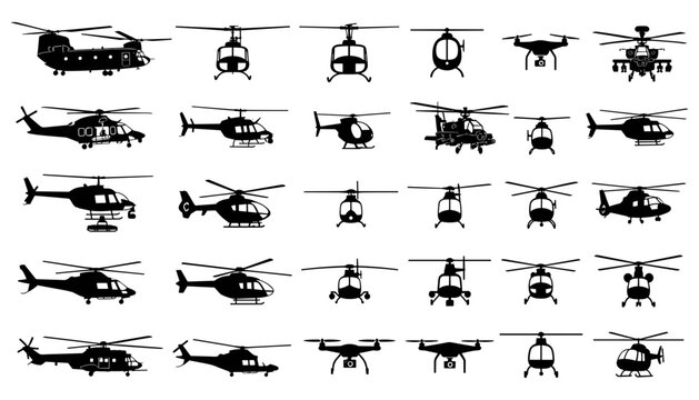 Helicopter Silhouette Collection Featuring Military, Transport, Rescue and Utility Aircraft in Various Side and Front View Positions