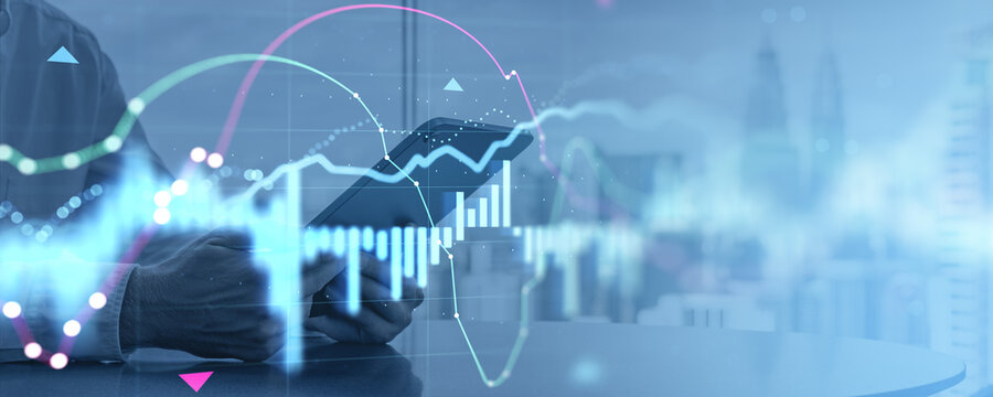 Financial market rise concept with glowing forex graph, stock chart, investment analytics, and digital exchange data across a blue office background.