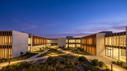 Fototapeta premium Technology Campus At Dusk With Multiple Illuminated Buildings