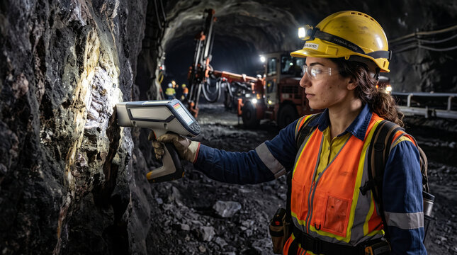 Female geologist analyzing ore rock face in underground mine using handheld XRF analyzer