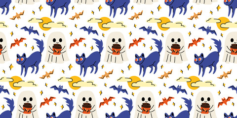 Naklejka premium Cute ghost with coffee cup and black cat doodle vector seamless pattern for autumn packaging