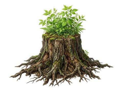 Tree stump with new green plants growing from the top and roots exposed isolated on white background