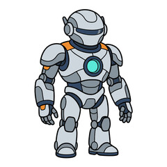 Obraz premium A futuristic metallic robot with a glowing blue core stands tall in this cartoon illustration.