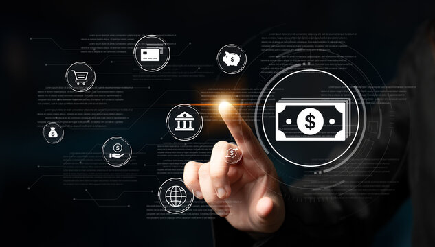 A fintech concept showing a network of digital banking services. This includes secure online payments, global transactions, and e-commerce for the modern financial system. Fermion