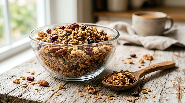 Granola in a glass bowl on a rustic wooden table for breakfast with breakfast