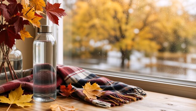 Clear glass water bottle and plaid blanket on wooden windowsill with autumn leaves. Rainy fall day view through window with raindrops. Cozy seasonal hydration concept