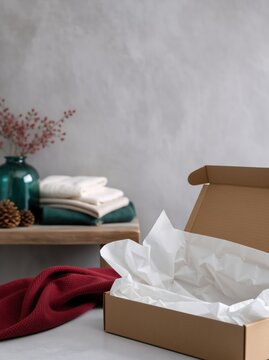 Open empty cardboard box with white tissue paper. Packaging and delivery concept with folded clothes in background. Copy space