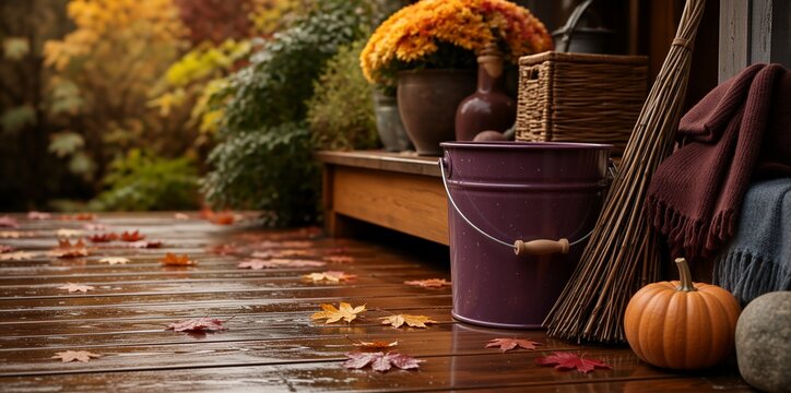 Wet wooden deck covered in fallen autumn leaves with a broom and purple bucket. Fall porch decoration with pumpkin, blanket, and potted chrysanthemums after rain