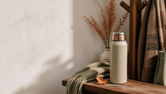 Beige insulated water bottle on a wooden bench with a green scarf and autumn leaf. Fall entryway interior with coat rack and dappled sunlight shadows. Reusable drinkware mockup
