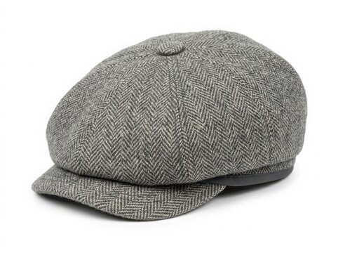 Gray herringbone tweed flat cap on white background isolated on white background