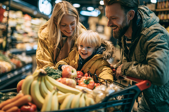 A cheerful young family with a small blonde boy smiles while shopping for fresh produce together in a brightly lit well-stocked modern grocery store aisle