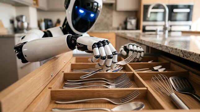 A humanoid robot with glowing blue eyes meticulously organizing cutlery in a kitchen drawer.