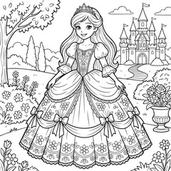 Fototapeta premium Coloring page for children featuring a princess in a gown, standing in a garden with a castle in the background, line style