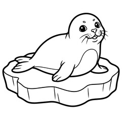 Fototapeta premium Coloring page of a cute baby seal sitting on a floating ice floe, simple line for children to color and enjoy today