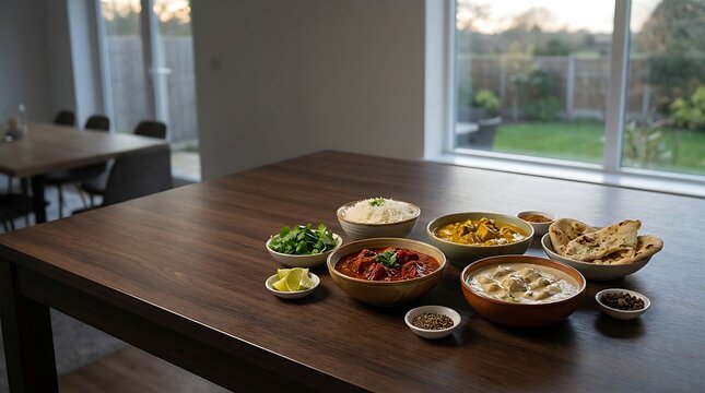 Assorted indian food curry bowls and naan bread served on a modern kitchen table near a bright window. curry night menu