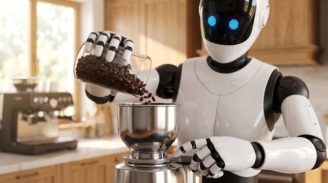 A futuristic robot with glowing blue eyes meticulously grinds coffee beans in a modern kitchen.