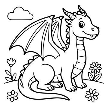 Coloring page for children featuring a cute friendly dragon with wings, sitting in a garden with flowers and a cloud, line style